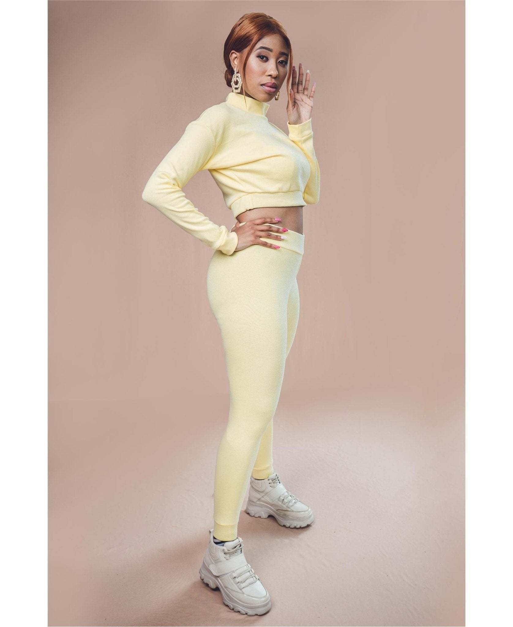 LADIES' CROPPED HIGH NECKLINE & JOGGERS SET - YELLOW