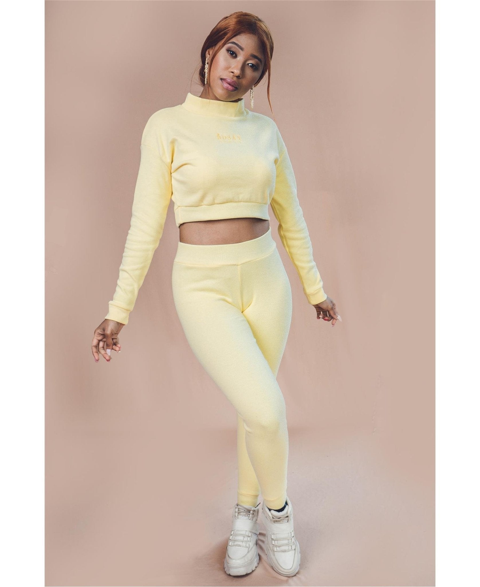 LADIES' CROPPED HIGH NECKLINE & JOGGERS SET - YELLOW