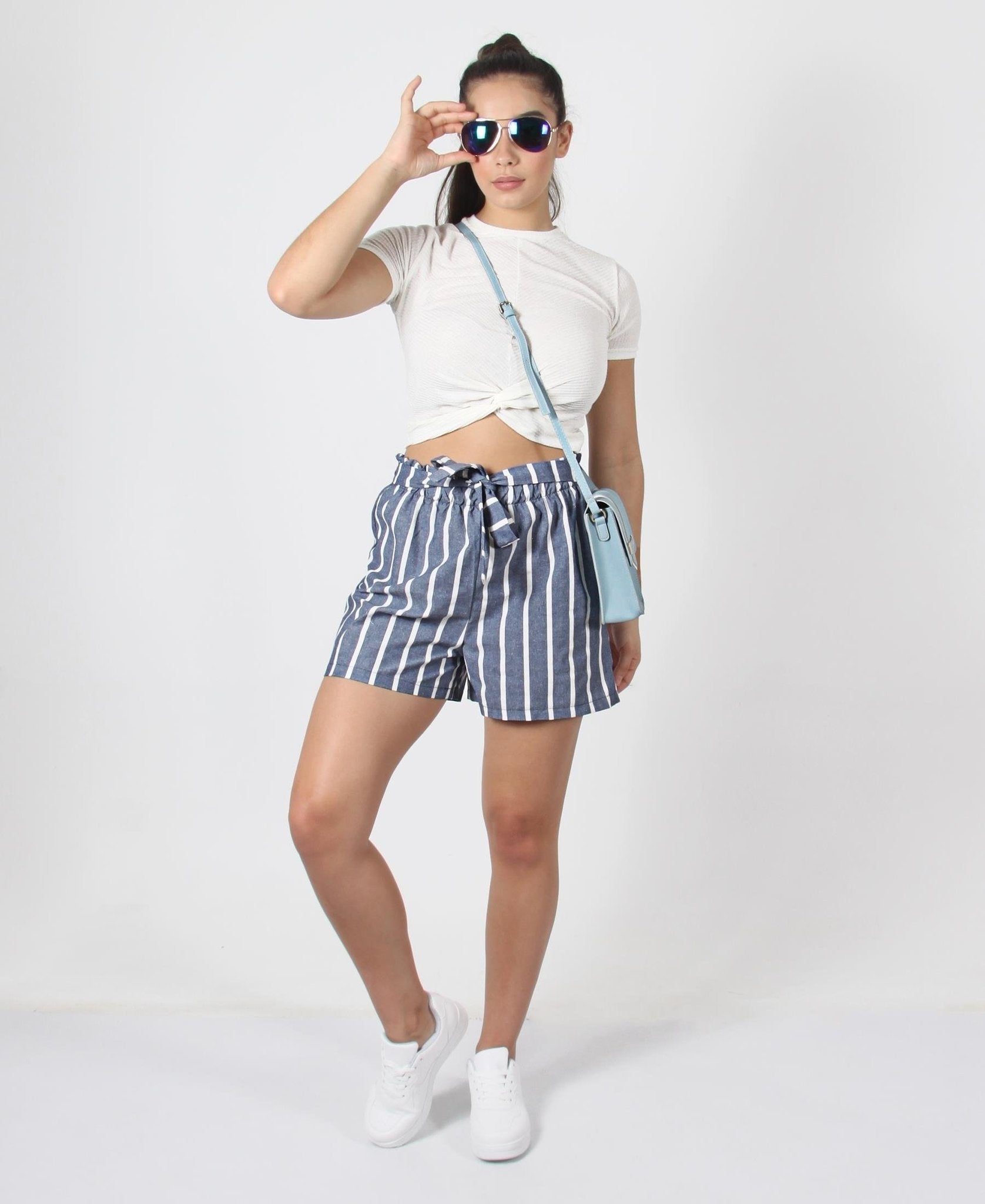 STRIPED SHORTS WITH BELT - LIGHT BLUE