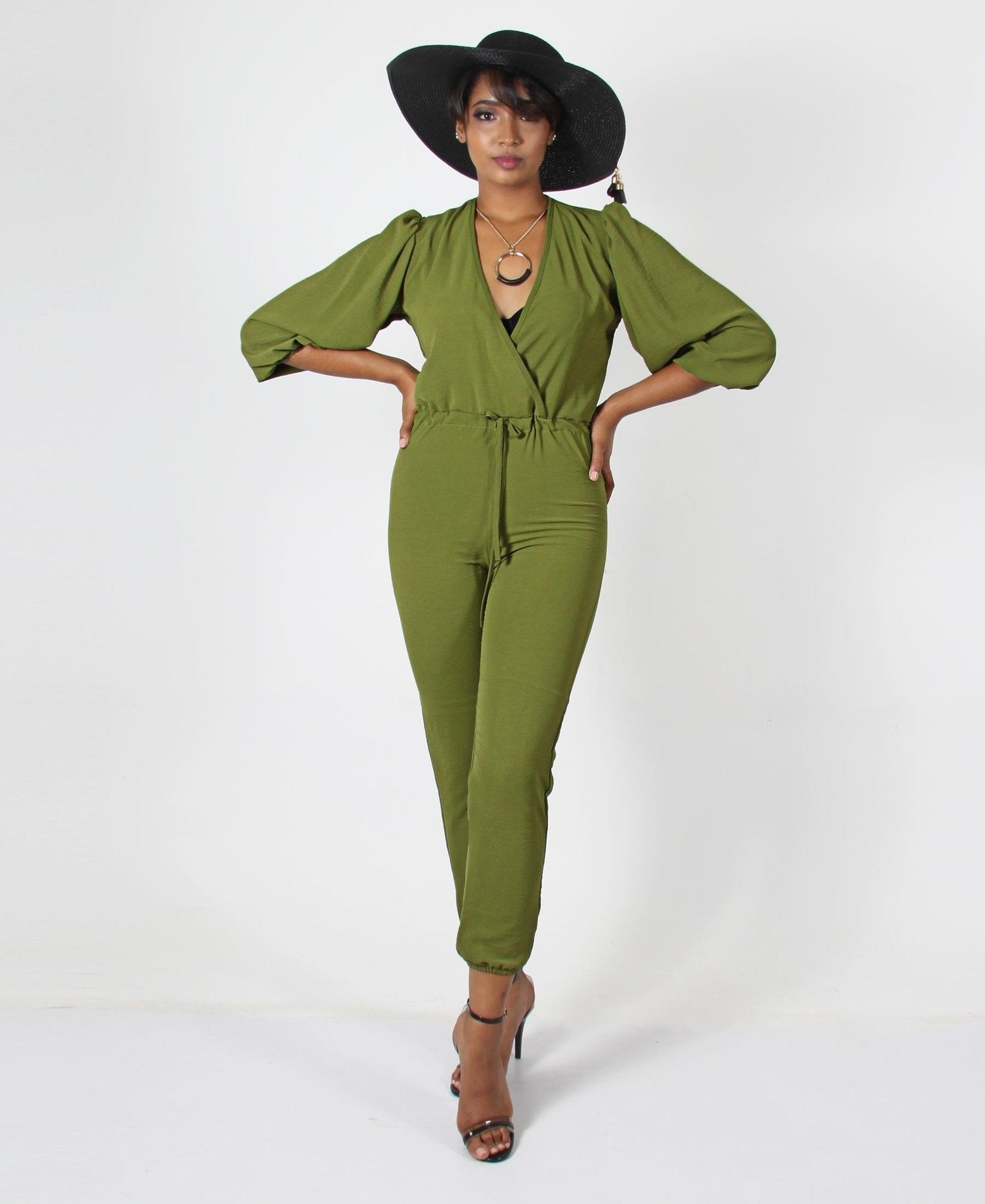 LONG SLEEVE CROSS OVER JUMPSUIT - OLIVE