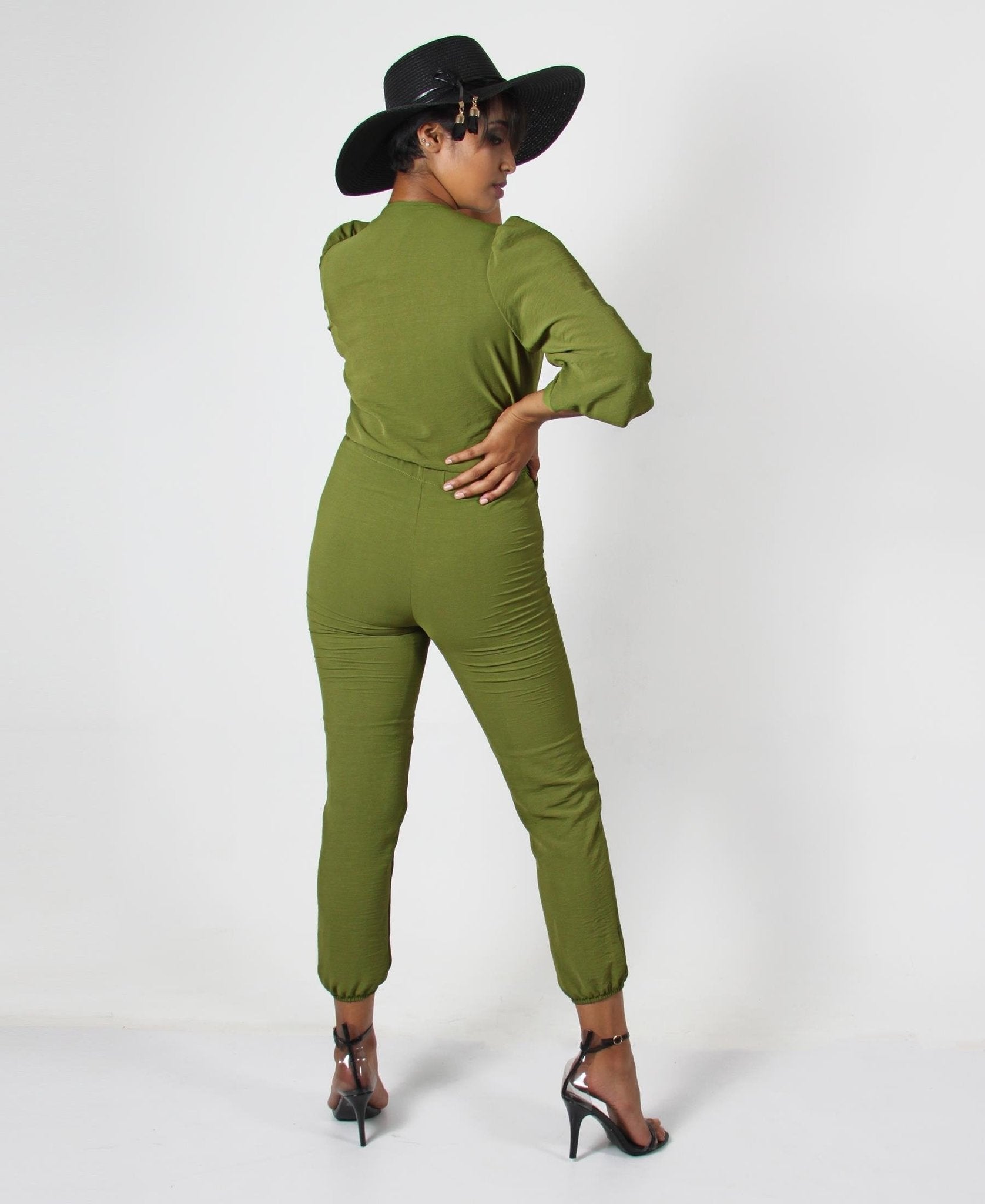 LONG SLEEVE CROSS OVER JUMPSUIT - OLIVE